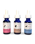 Three Botanica CBD Pet Drops bottles for small and large pets in bacon and unflavored options