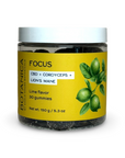 Jar of Botanica Focus gummies with CBD, cordyceps, and lion’s mane in lime flavor, 30-count