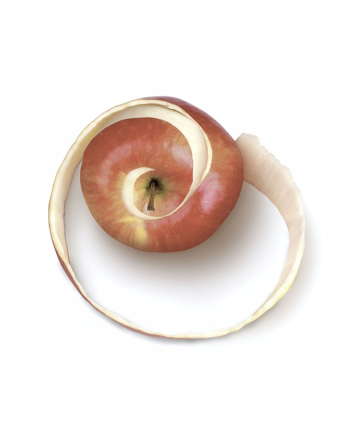 Red apple with spiral peel illustrating natural fruit pectin used as a plant-based ingredient