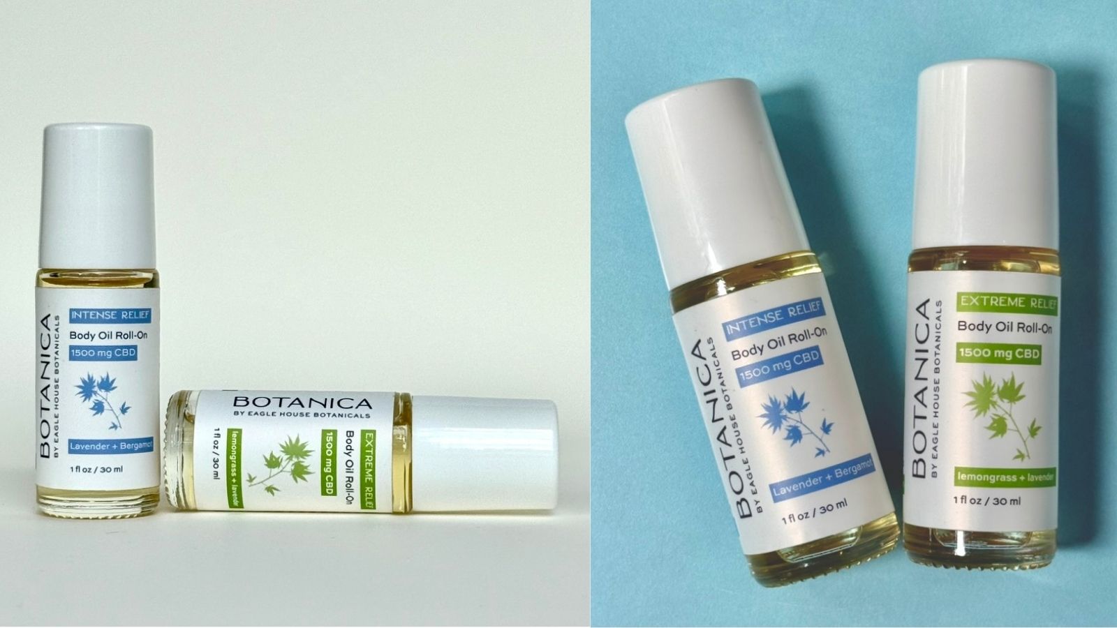 Banner showing Botanica CBD body oil roll-ons, Intense and Extreme Relief, 1500 mg, displayed on light and blue backgrounds