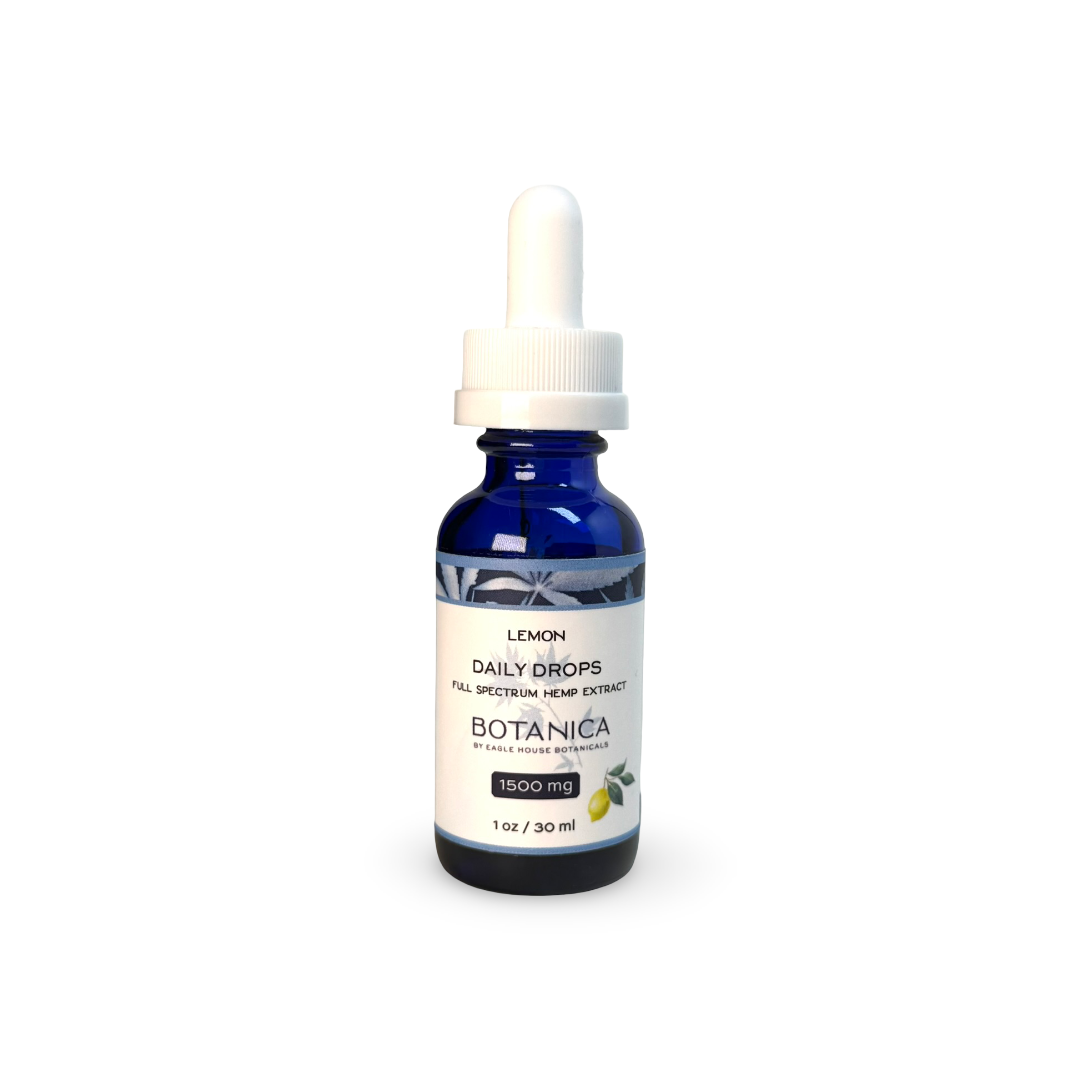 Blue bottle of Botanica Daily Drops full-spectrum hemp extract in lemon flavor, 1500mg
