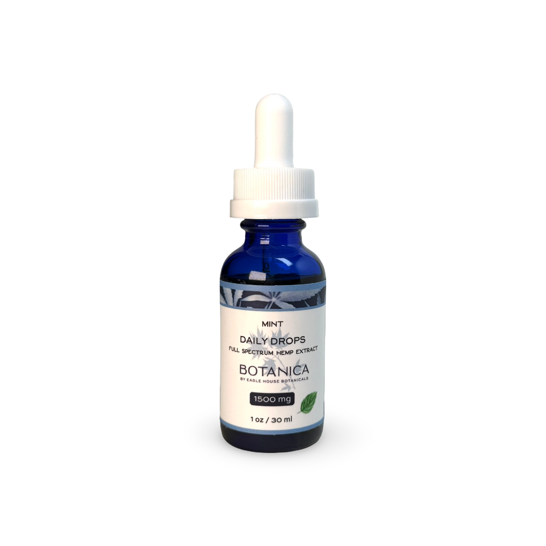 Blue bottle of Botanica Daily Drops full-spectrum hemp extract in mint flavor, 1500mg