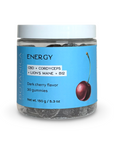 Jar of Botanica Energy gummies with CBD, cordyceps, and B12 in dark cherry flavor