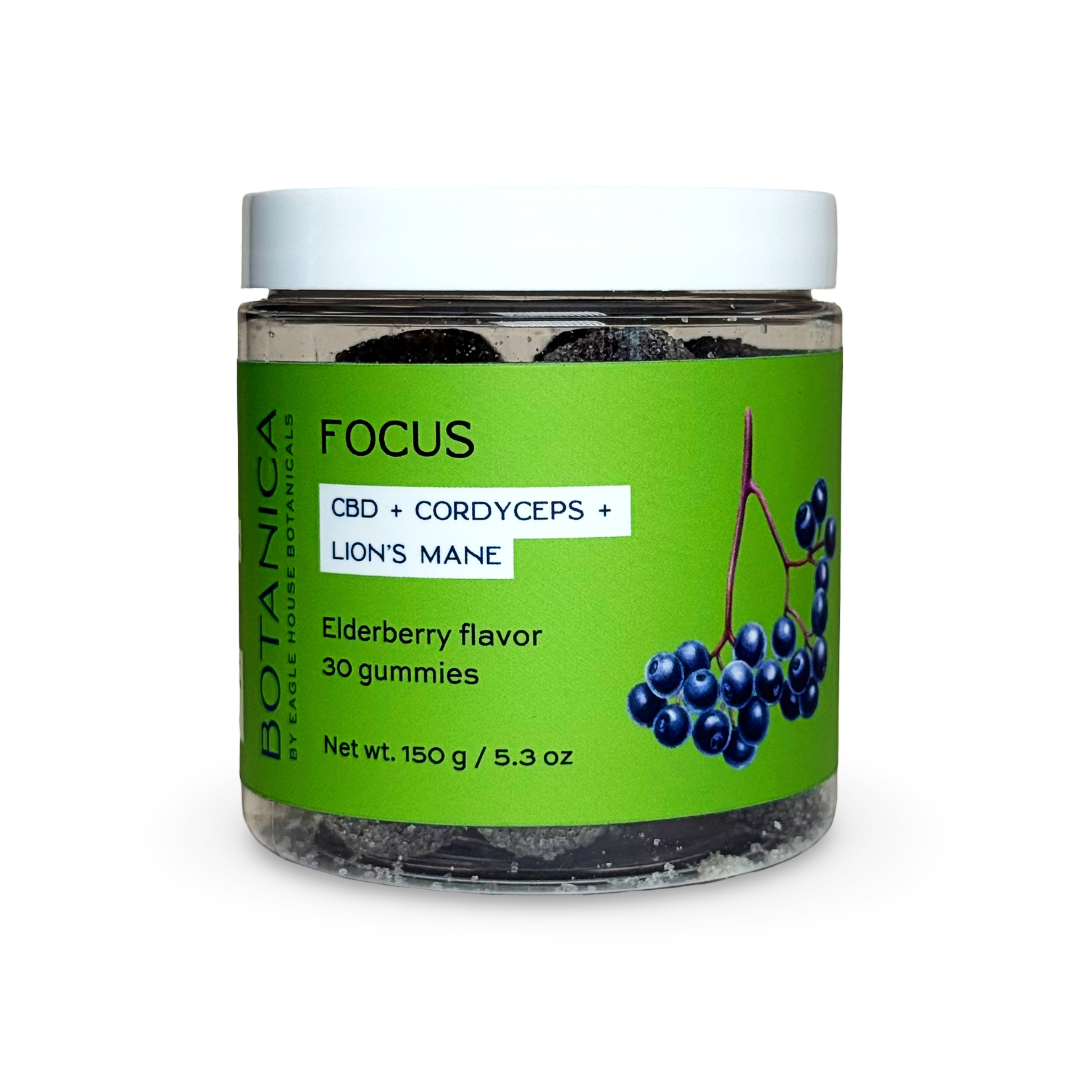 Jar of Botanica Focus gummies with CBD, cordyceps, and lion’s mane in elderberry flavor, 30-count