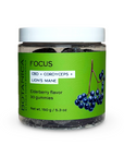 Jar of Botanica Focus gummies with CBD, cordyceps, and lion’s mane in elderberry flavor, 30-count