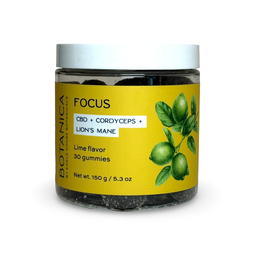 Jar of Botanica Focus gummies with CBD, cordyceps, and lion’s mane in lime flavor, 30-count