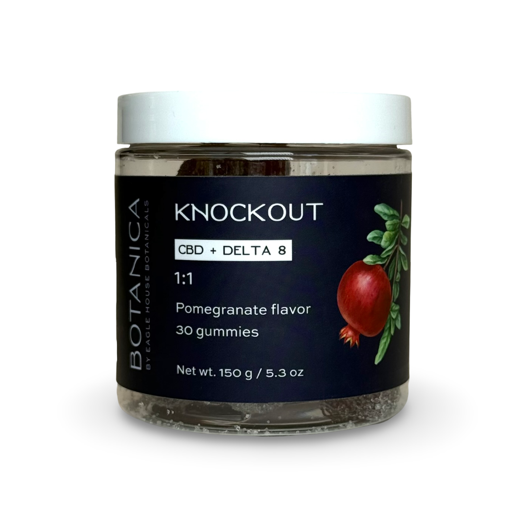 Jar of Botanica Knockout gummies with CBD and Delta 8 in pomegranate flavor, 30-count