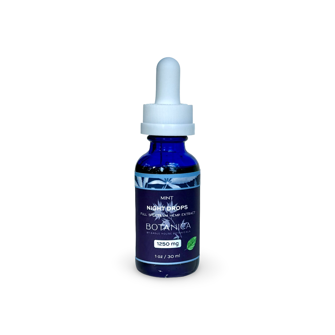 Blue bottle of Botanica Night Drops full-spectrum hemp extract in mint flavor, 1250mg