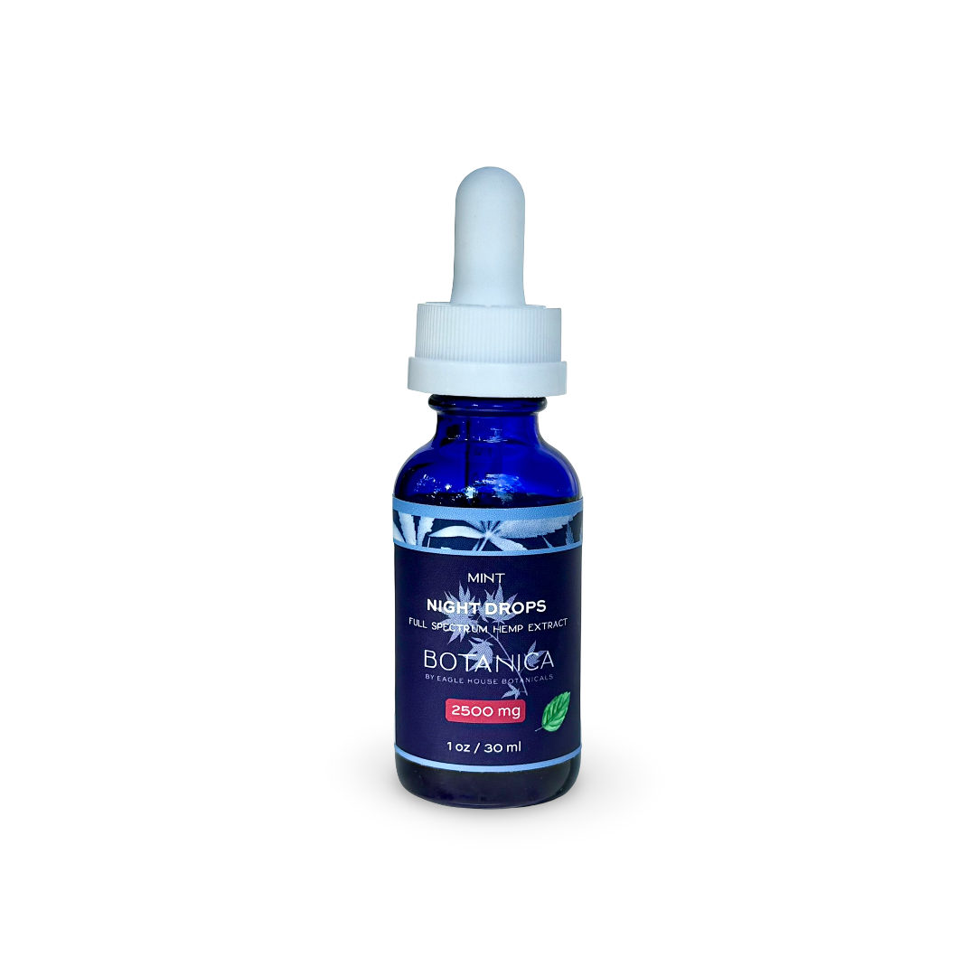 Blue bottle of Botanica Night Drops full-spectrum hemp extract in mint flavor, 2500mg