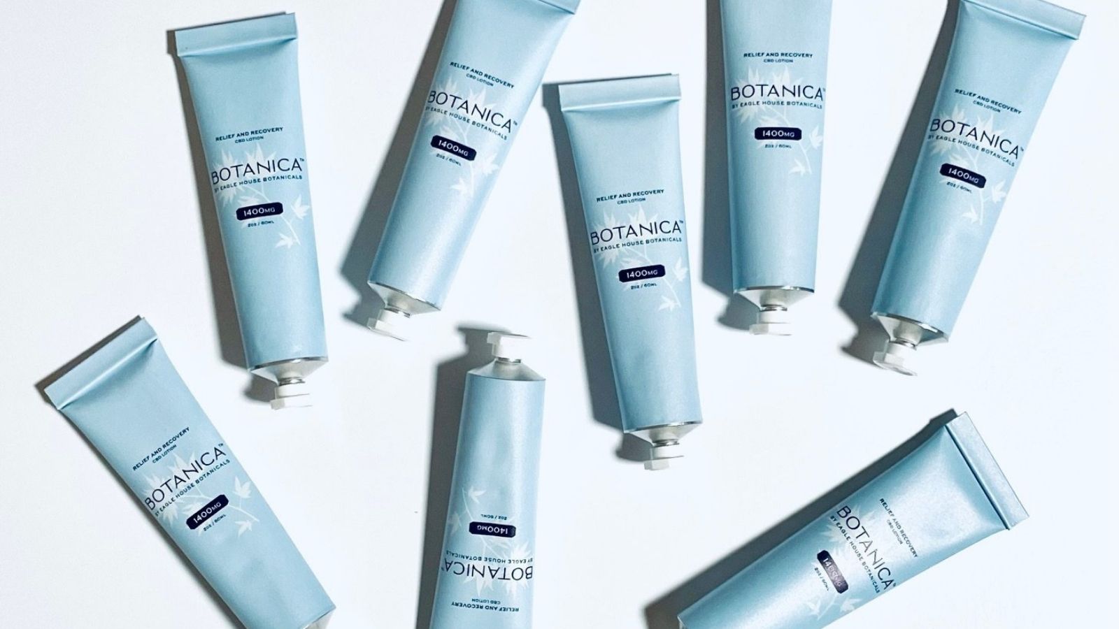 Flat lay of Botanica Relief and Recovery CBD lotion tubes labeled 1400mg arranged on a white background