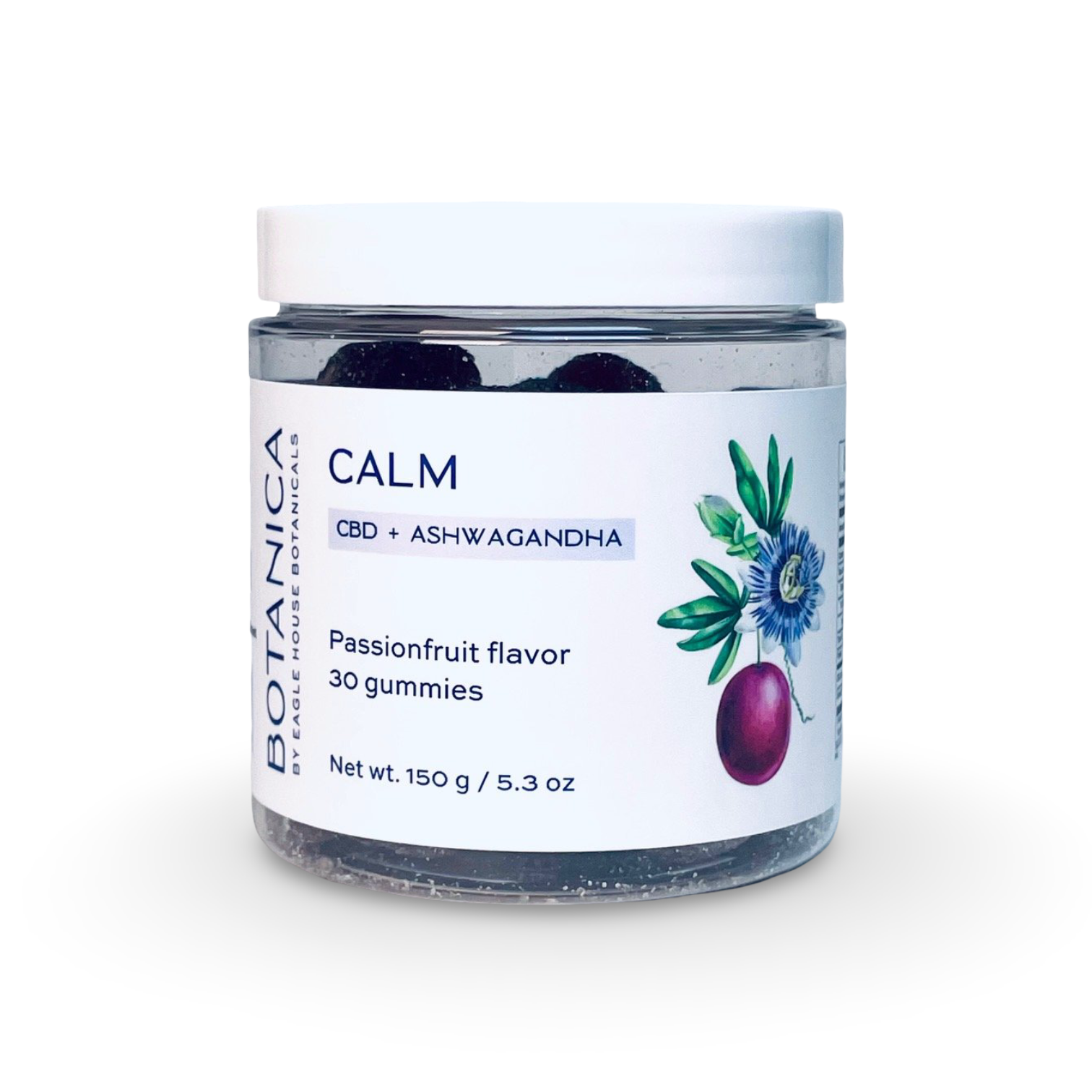 Jar of Botanica Calm gummies with CBD and ashwagandha in passionfruit flavor, 30-count