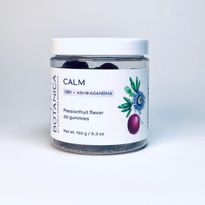 Jar of CBD and ashwagandha Calm gummies in passionfruit flavor by Botanica