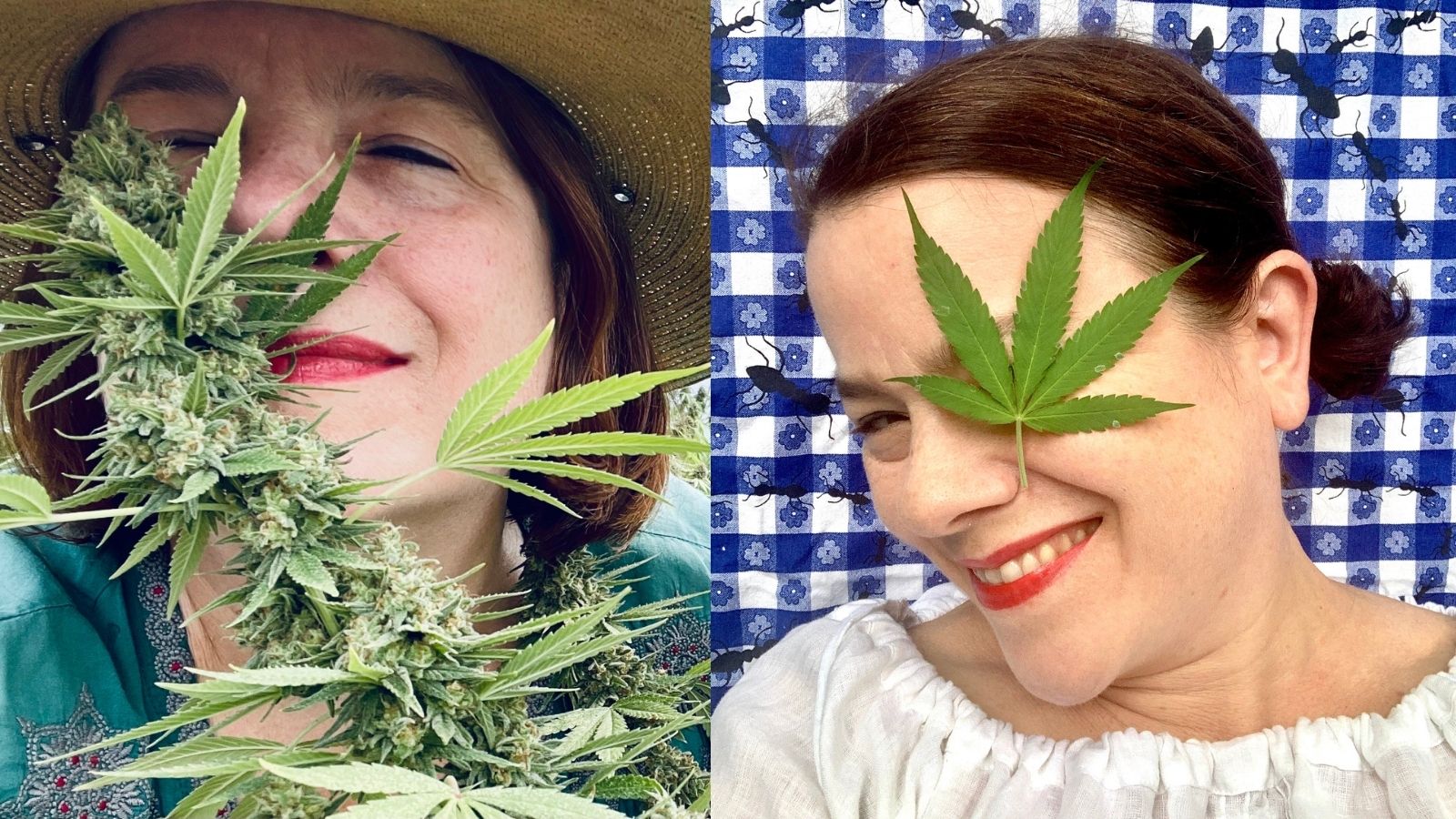 Lifestyle banner featuring people with hemp and cannabis leaves, highlighting natural plant imagery