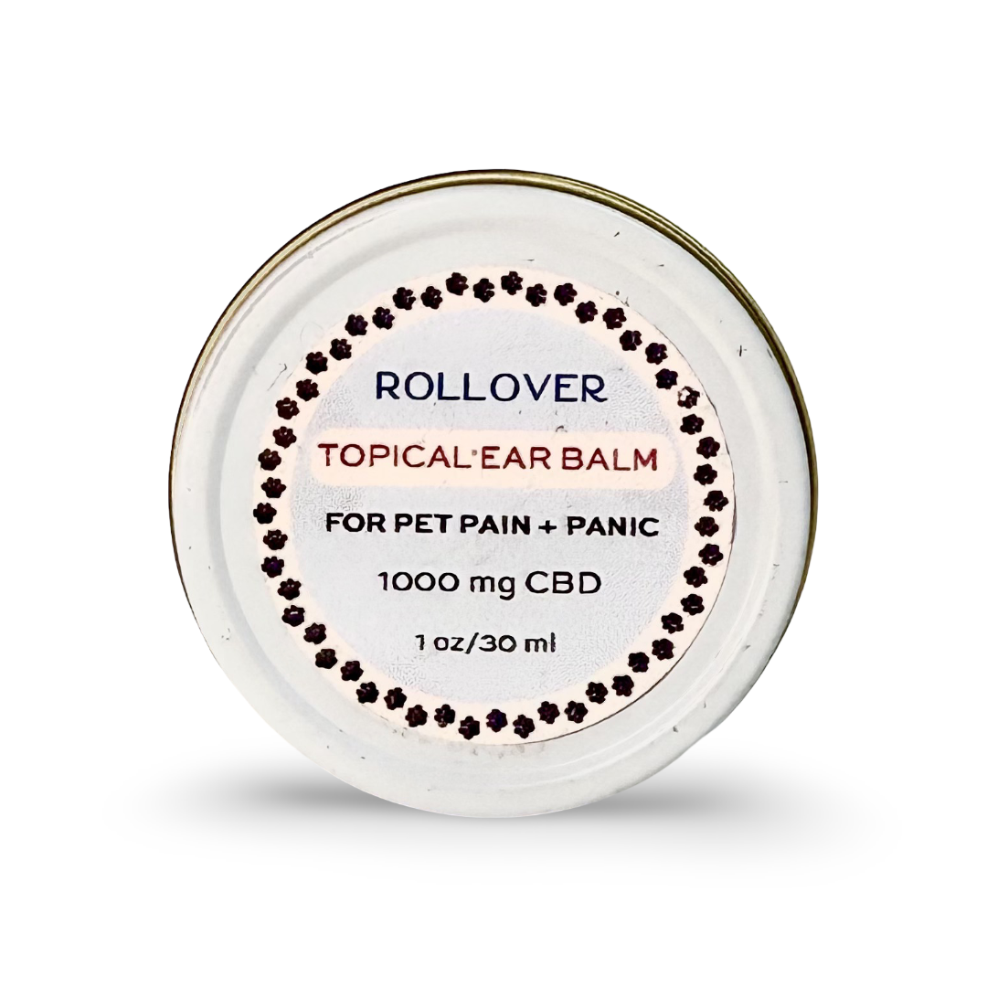 Tin of Rollover Topical Ear Balm for pet pain and panic with 1000mg CBD, 1oz