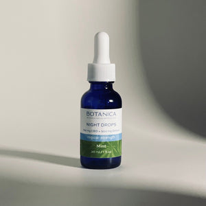 Blue bottle of Botanica Night Drops CBD and Delta 8 in mint flavor